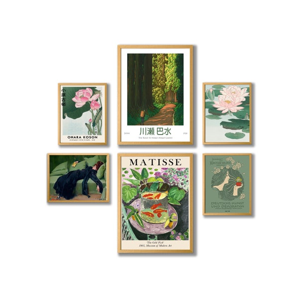 A Collection of 6 Green Classical Art Nouveau Woodblock and Matisse Paintings Framed and Unframed Classic Wall Art