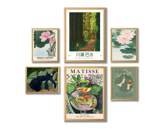 A Collection of 6 Green Classical Art Nouveau Woodblock and Matisse Paintings Framed and Unframed Classic Wall Art