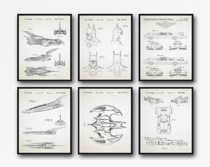 Bat Superhero Bat Posters Man Set of 6 Bat Themed Comic Movie Patent Prints