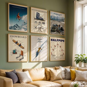 May include: Six framed wall art prints featuring snowboarding themes, including technical diagrams of bindings and halfpipes, alongside action photography of snowboarders in mountain landscapes, displayed in a grid on a sage green wall.