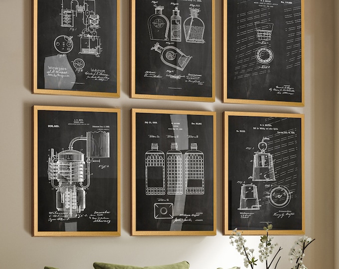 Whiskey Theme Wall Art, Blueprints, and Bar Decor - Sip in Style: Set of 6 Whiskey Patent Wall Posters - Home Bar Unique Whiskey Wall Prints