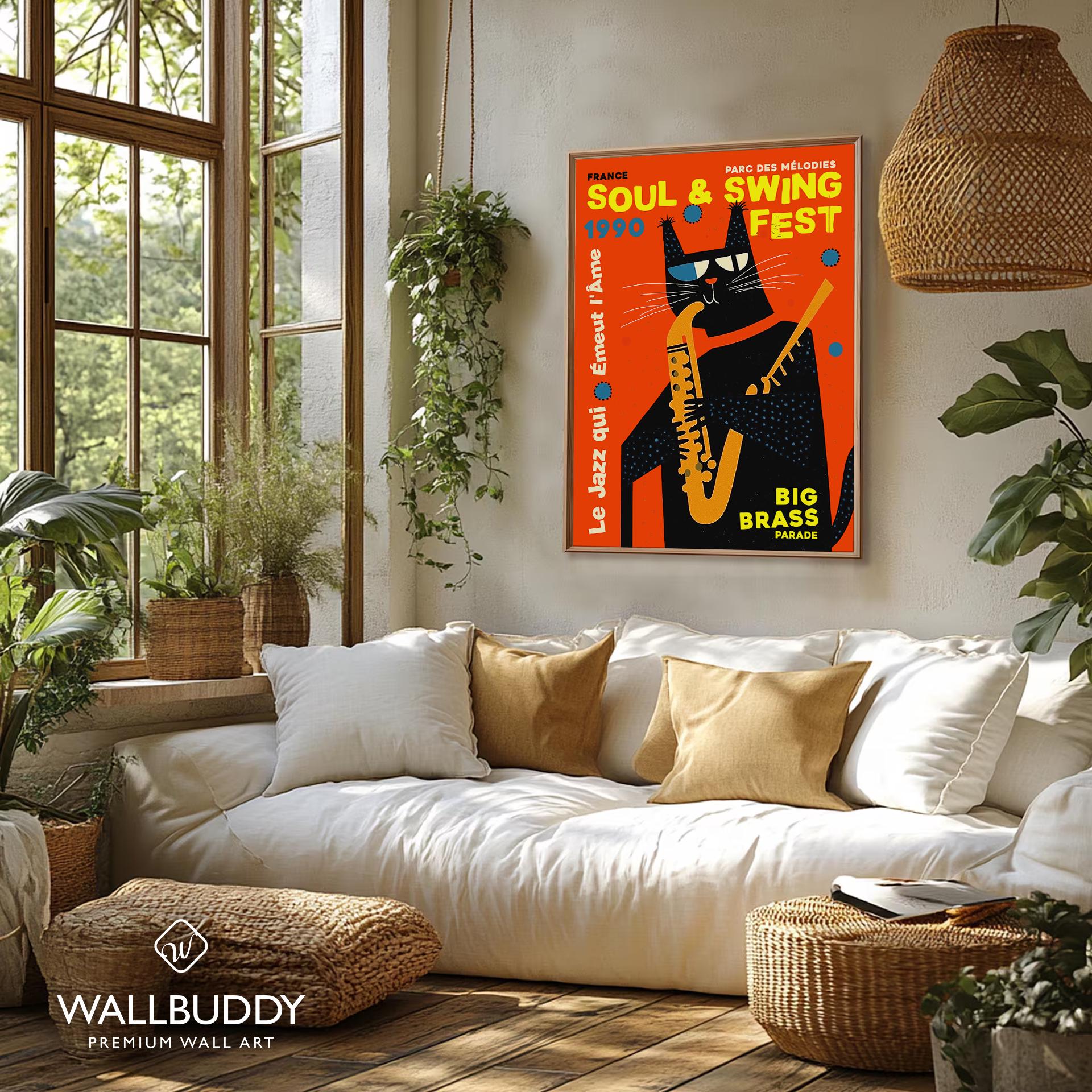 Jazz Cat Saxophone Poster, Retro Soul & Swing Festival Print