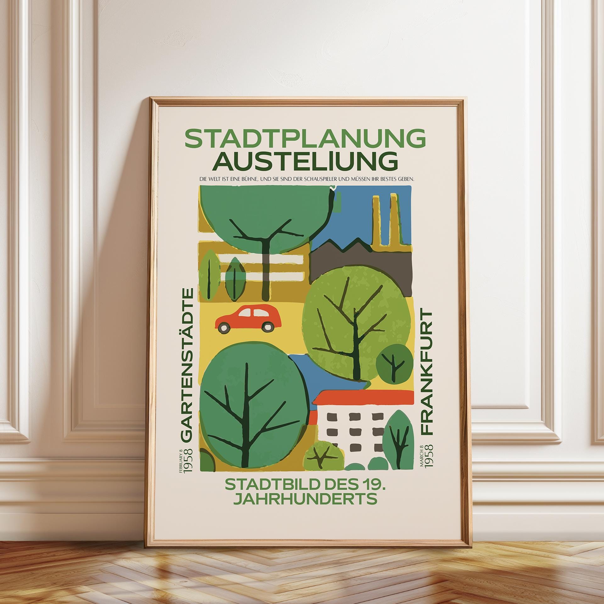 Grüne Oase Wand Kunst - 1958 Gartenstädte Frankfurt Stadtplanung Ausstellung Wandposter - Urban Elegance – Poster, gerahmt und Leinwanddruck