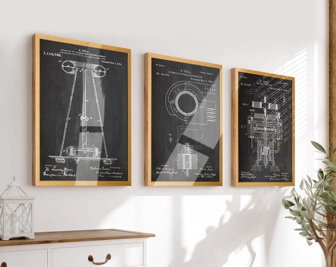 Tesla's Ingenious Creations: Set of 3 Invention Prints - Nikola Tesla Patent Poster - Ideal Engineering Decor & Gifts for Engineers  - WB28