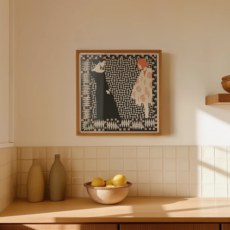 May include: A square framed wall art print featuring a graphic illustration of two figures facing each other. One figure wears a solid black dress, while the other wears a light-coloured patterned coat. The background is a dense black and white pattern.