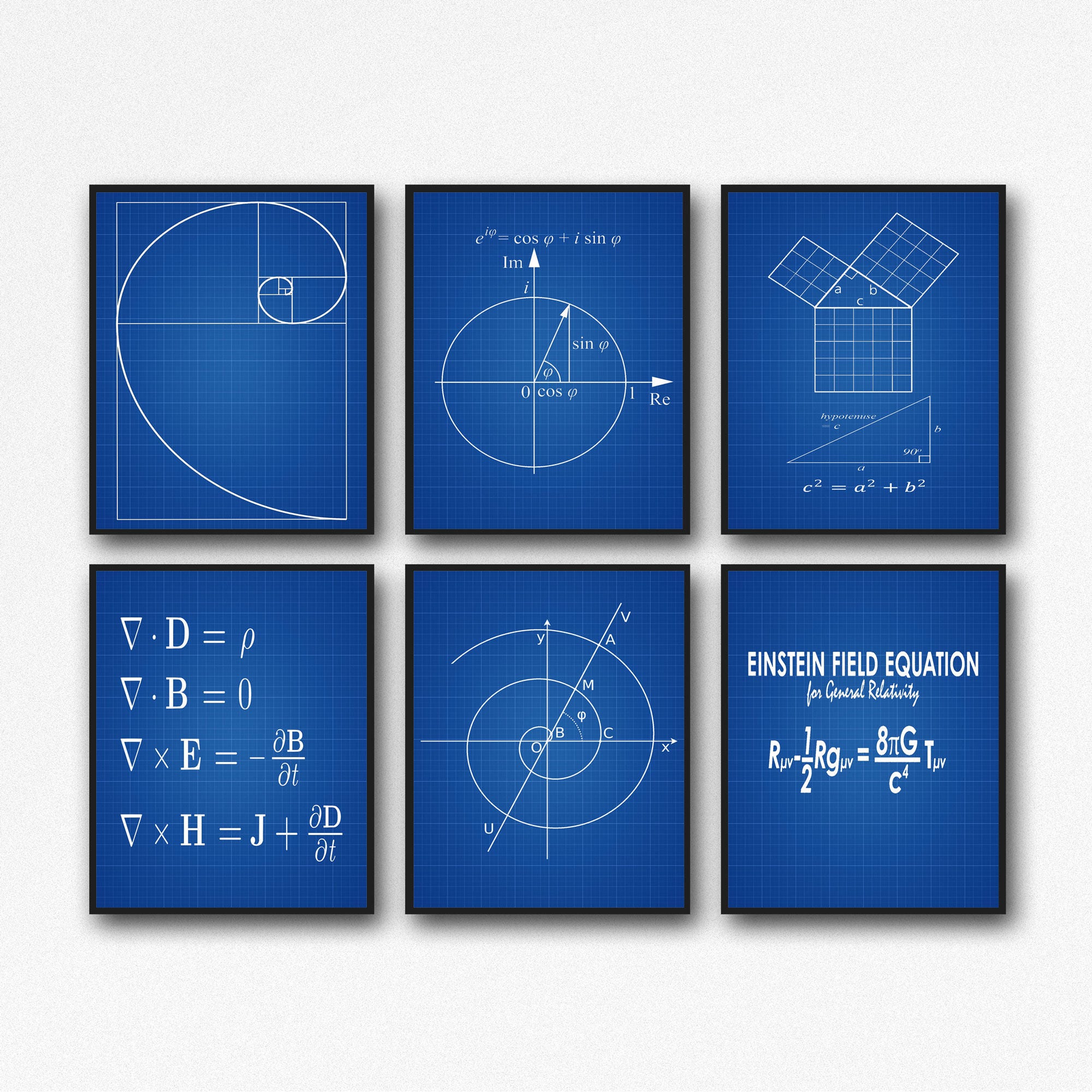 Math Poster Set of 6 Math Prints Fibonacci Golden Spiral Pythagoras's ...