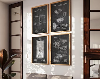 May include: Four rectangular wall art prints in light wood frames, each featuring a white technical patent illustration on a black background. The prints display diagrams of a scale, a gavel, the Statue of Liberty, and a vintage typewriter.