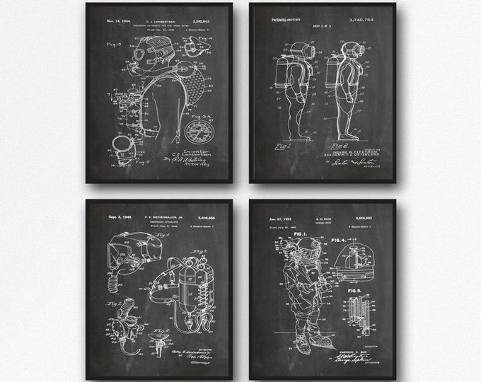 Scuba Diving Gift Wall Art Scuba Diving Posters Set of 4 Scuba Diving Patent Prints Diving Gift for Scuba Diver Scuba Decor WB247-4F