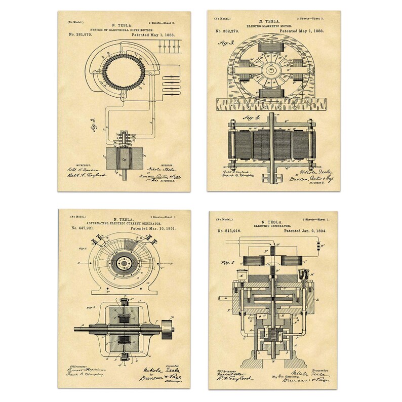 Tesla Inventions Nikola Tesla Poster Tesla Prints Tesla Wall Art Set of 4 Tesla Invention Prints Invention - Poster, Framed and Canvas Print Parchment
