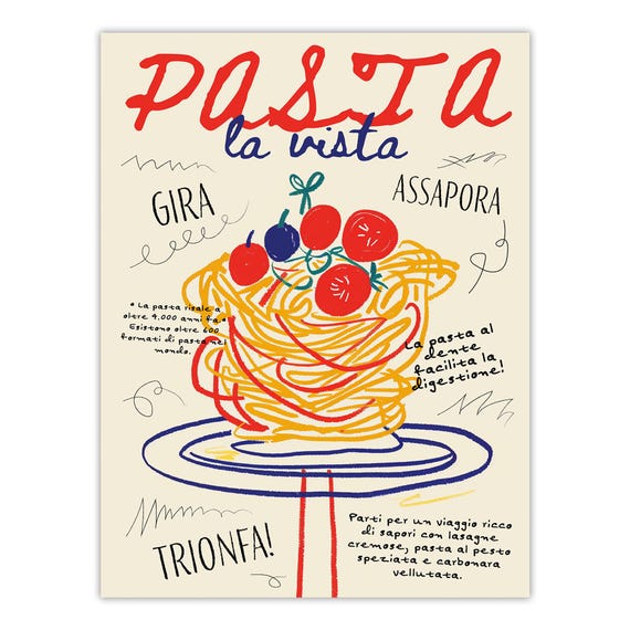 パスタのイラストプリント｜イタリア料理ポスター、スパゲッティ