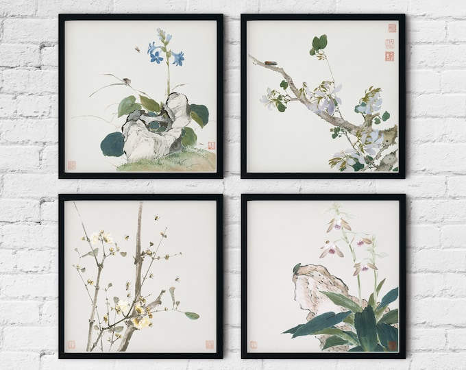 Chinese Botanical Prints Set of 4 Square Botanical Prints