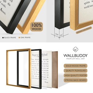 May include: A wall art set featuring a Prayer to Saint Michael poster with a solid wood frame in black or oak. The frame has a 0.9 inch depth and 0.6 inch width. Components include a plexiglass cover, a high-quality poster, and a strong back board.