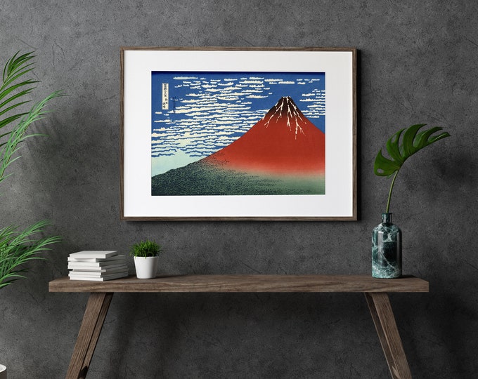 Woodblock Art Poster Fuji Mountains in Clear Weather 1831 by Hoksuki Mount Fuji Print Japanese Art Print Japanese Woodblock Volcano Poster