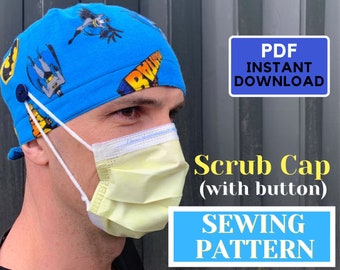 May include: A blue scrub cap with a Batman comic book print and a white button. The cap has white ties that can be tied at the back of the head.  PDF INSTANT DOWNLOAD Scrub Cap (with button) SEWING PATTERN