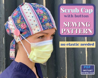 Scrub Hat SEWING PATTERN no elastic PDF, surgical cap pattern, scrub hat no elastic sewing pattern, how to sew a scrub cap with button