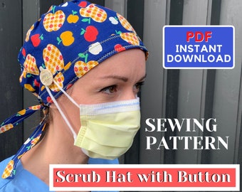 Scrub Hat SEWING PATTERN PDF, Surgical Cap sewing pattern, scrub cap pattern, scrub hat with room for hair, scrub cap with button pattern