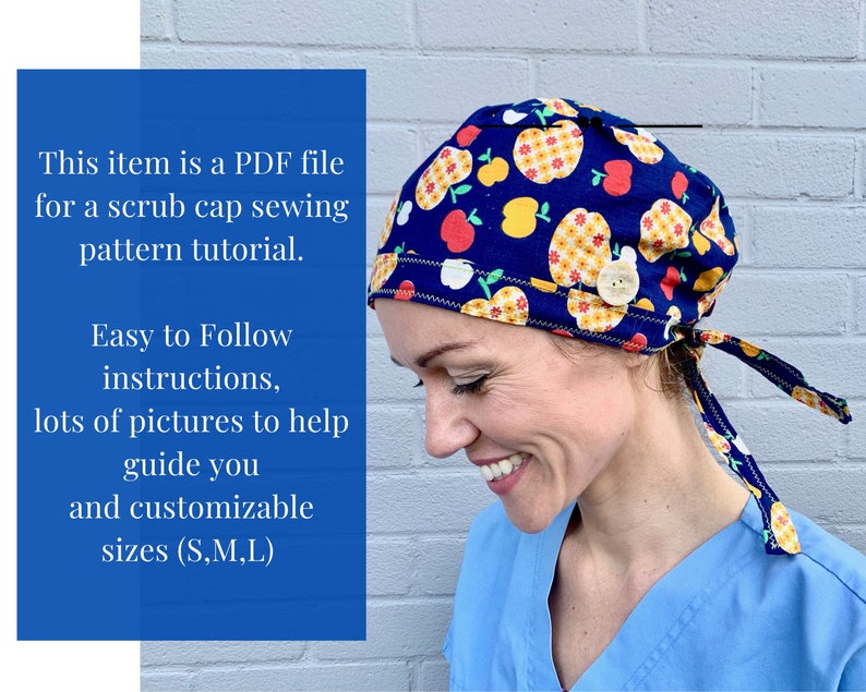 Scrub Cap SEWING PATTERN PDF, Surgical Cap sewing pattern, scrub cap pattern, scrub hat with room for hair, nurses hat, chemo hat pattern image 5