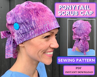 Patrón de gorro quirúrgico para mujer con cola de caballo, patrón de gorro quirúrgico con cola de caballo, tutorial en PDF de patrón de gorro quirúrgico