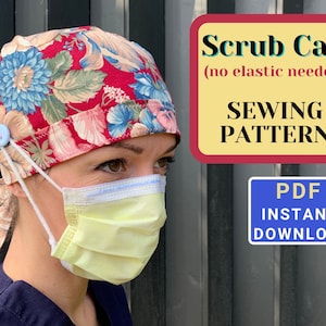 Scrub Cap SEWING PATTERN no elastic PDF, surgical cap pattern, scrub hat no elastic sewing pattern, how to sew a scrub cap with button