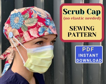 Scrub Cap SEWING PATTERN no elastic PDF, surgical cap pattern, scrub hat no elastic sewing pattern, how to sew a scrub cap with button