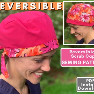 Könnte beinhalten: Reversible Operationsmützen-Nähmuster. Das Muster zeigt eine rosa Operationsmütze mit einem Blumendruck auf der Innenseite. Das Muster ist als PDF-Sofortdownload verfügbar.