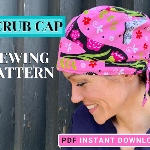 Scrub Hat SEWING PATTERN PDF, modello da cucire berretto chirurgico, modello da cucito berretto scrub, cappello scrub con spazio per i capelli, berretto scrub con bottone