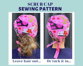 Scrub Hat NAAIPATROON PDF, Chirurgisch Cap naaipatroon, scrub cap patroon, scrub hoed met ruimte voor haar, scrub cap met knopenpatroon