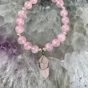 Rose Quartz Bracelet with Wire Wrapped Rose Quartz accent