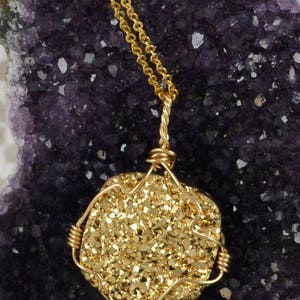Gold Druzy Pendant: Wire Wrapped Crystal Necklace