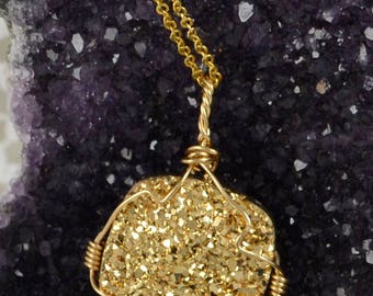 Gold Crystal Druzy Wire Wrapped Gold Druzy