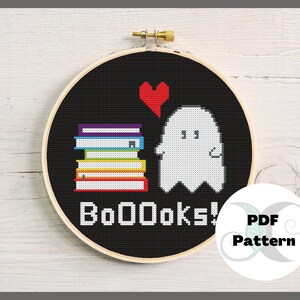 Ghosts love BoOOoks! | Cute/Spooky/Halloween/Nerdy Cross Stitch PDF Pattern | Beginner Pattern