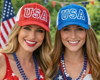USA Glitter Hat Embroidered | Patriotic Trucker Cap | 4th of July Hat | America 250 Celebration | Red White Blue Sparkle Cap | USA Birthday