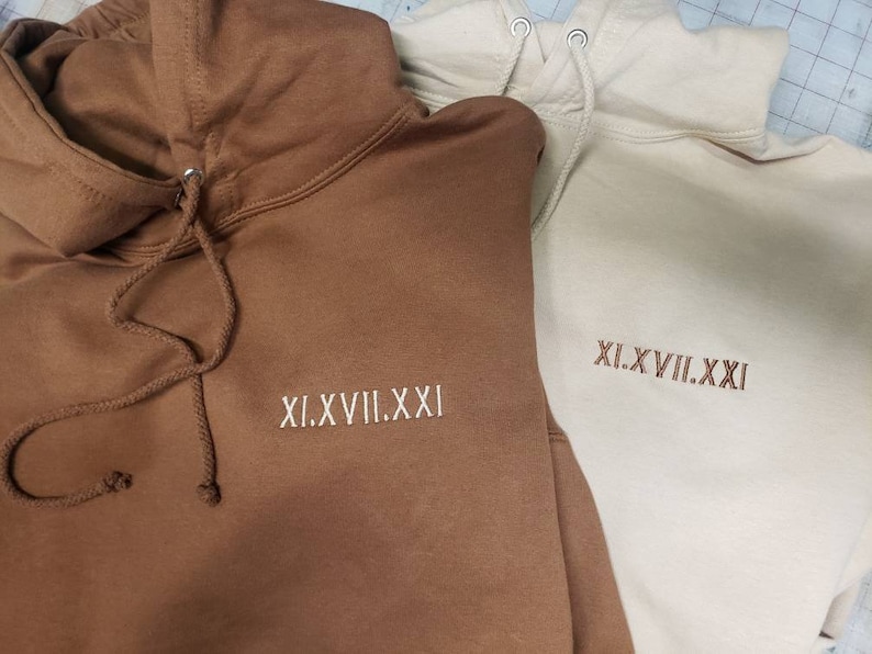 Embroidered Anniversary Date Hoodie, Roman Numerals Couples Sweatshirt, Gifts for Her, Gifts for Him, Valentines Gift, Khaki Hoodie, 