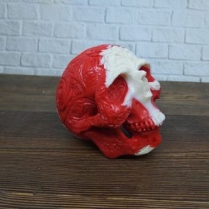 Peut inclure: Une sculpture de crâne rouge et blanc avec des détails complexes. Le crâne est fait d'un matériau lisse et brillant et a une apparence réaliste.
