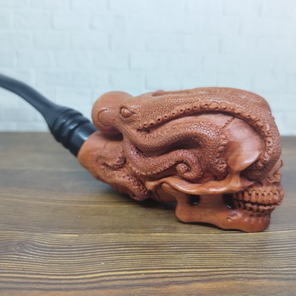 Skull & Octopus Kraken Tobacco Smoking Pipe from Sapodilla Wood Carved