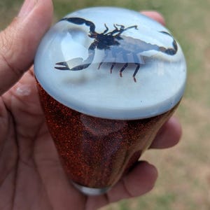 May include: A gear shift knob featuring a clear, rounded top section that encapsulates a dark brown scorpion. The lower portion of the knob is a tapered, cylindrical base with a deep, shimmering copper-colored glitter finish throughout.