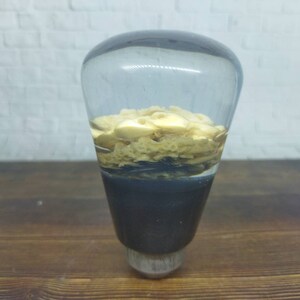 Puede incluir: Un tapón de botella de vidrio transparente con una base negra y una capa de material beige en el interior.