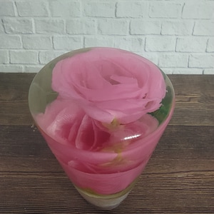 Puede incluir: Una rosa rosa preservada en una cúpula de vidrio transparente. La rosa está dispuesta en espiral y está rodeada de un líquido transparente.