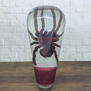 Op de afbeelding: Een helder, druppelvormig object omsluit een grote, donkerbruine spin. De basis is een cilinder bedekt met sprankelende, dieproze glitter. De poten van de spin zijn zichtbaar.