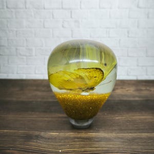 May include: A clear glass sphere with a yellow butterfly inside and gold glitter at the bottom.