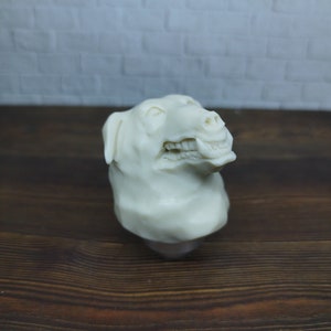 Puede incluir: Una escultura de cerámica blanca de la cabeza de un perro con la boca abierta, mostrando los dientes. La escultura está sobre una superficie de madera.