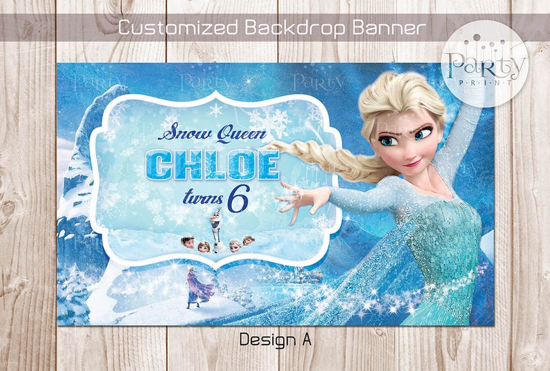 May include: A blue and white backdrop banner featuring a Frozen-themed design with Elsa, the Snow Queen, and the text "Snow Queen Chloe turns 6".