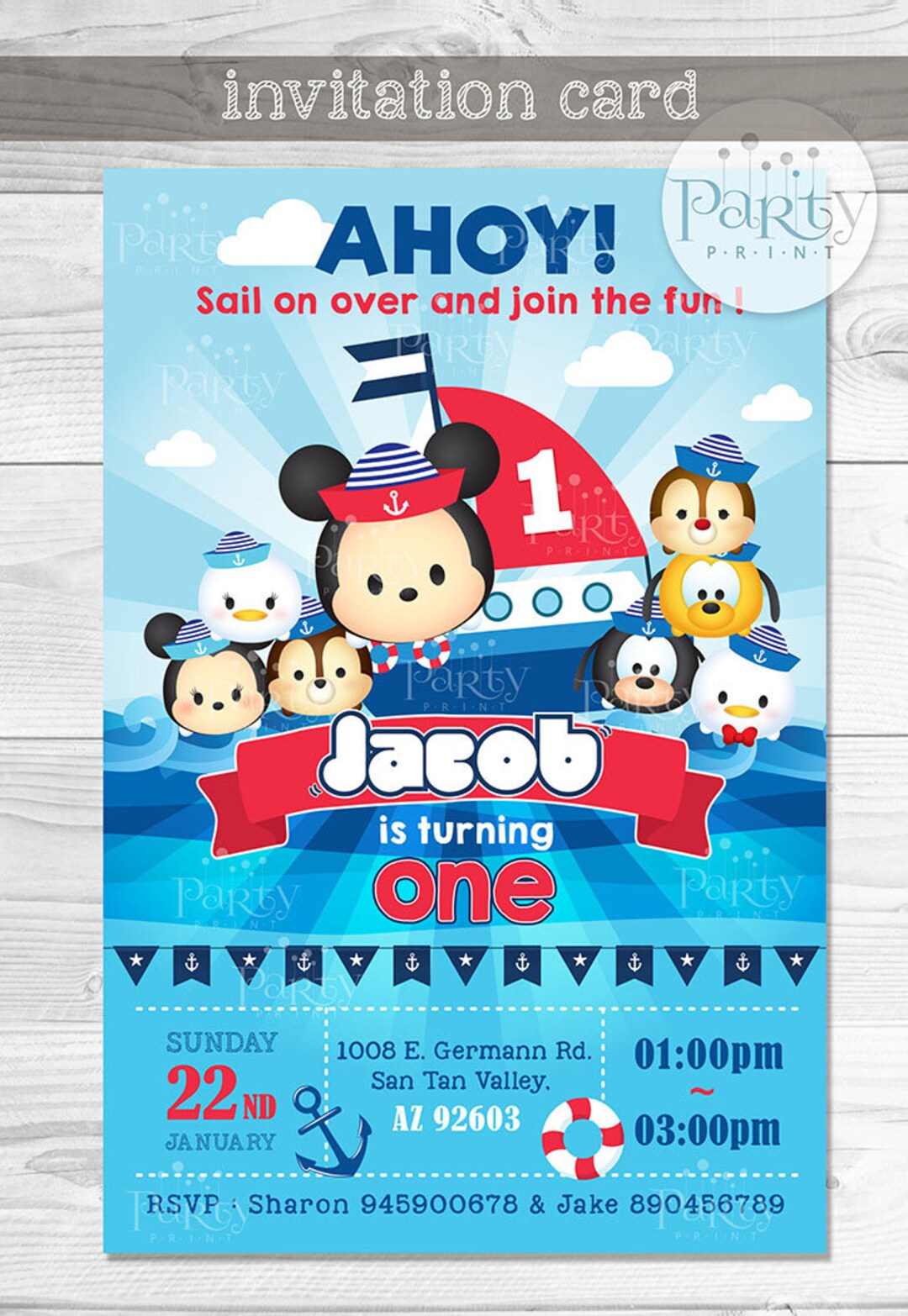 その他 Invitation Tsum Tsum Nautical Birthday Invitation, Personalized (digital Copy