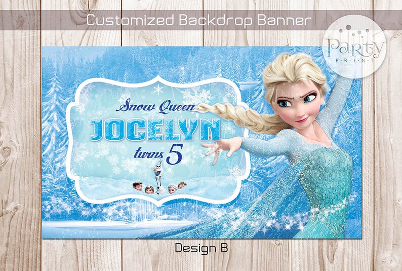 May include: A blue and white backdrop banner with a Frozen theme. It features a picture of Elsa, the Snow Queen, and the text "Snow Queen Jocelyn turns 5".