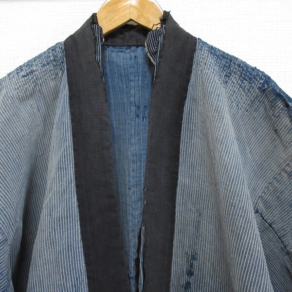 Vintage japanese indigo jacket / Aizome / Boro / Noragi / Shima / Stripe design / No 2201243