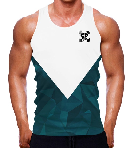 TEAL GEOMETRIC GET DOWN GYMWEAR MUSCLE FIT TANK VEST SLEEVELESS MEN WORKOUT GYM