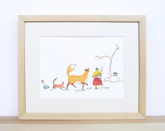 Kid and forest animals - Autumn - watercolour of woodland animals, fox, weasel, birds  - nature poster - Cute baby nursery art print