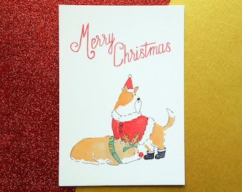 Corgi postcard - Merry Christmas - X-mas card- Joyeux Noël - Christmas card with dogs - Santa and reindeer costumes - hand drawn lettering