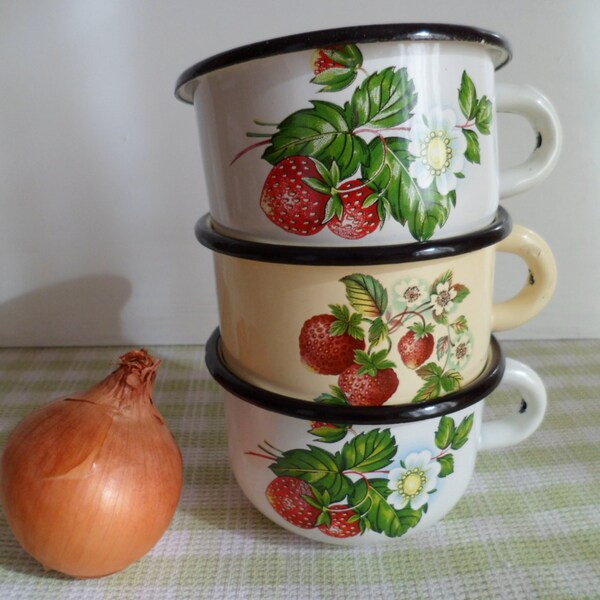 Set of 3  Mugs with Red Strawberries - Vintage Enameled Mugs with Black Rim - 280 ml - Made in USSR in 80's