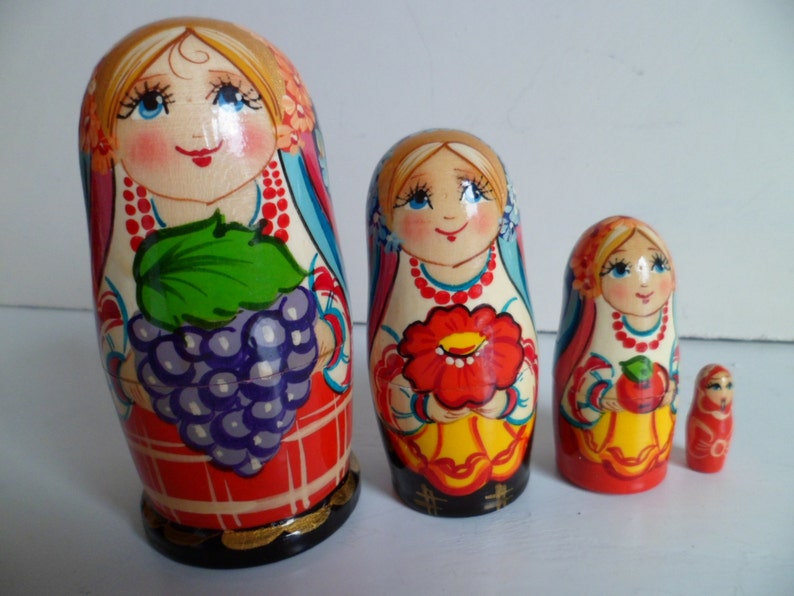 Russian Wooden Nesting Dolls Matryoshka Babushka Handcrafts Russia Gifts Sale Home Decor Set of 4 dolls Authentic Handmade image 1